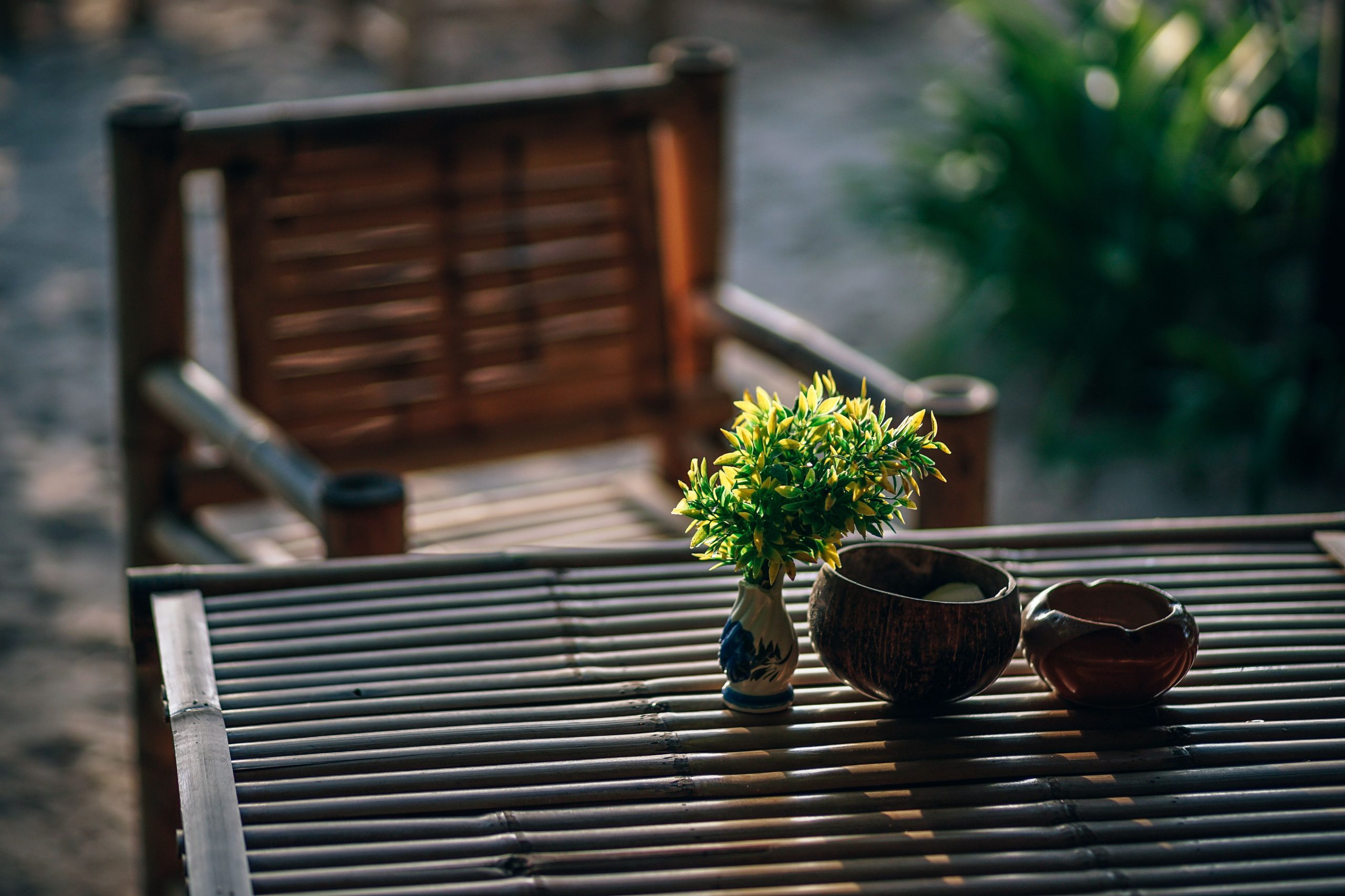 Salon bambou serein avec vase et verdure Thai